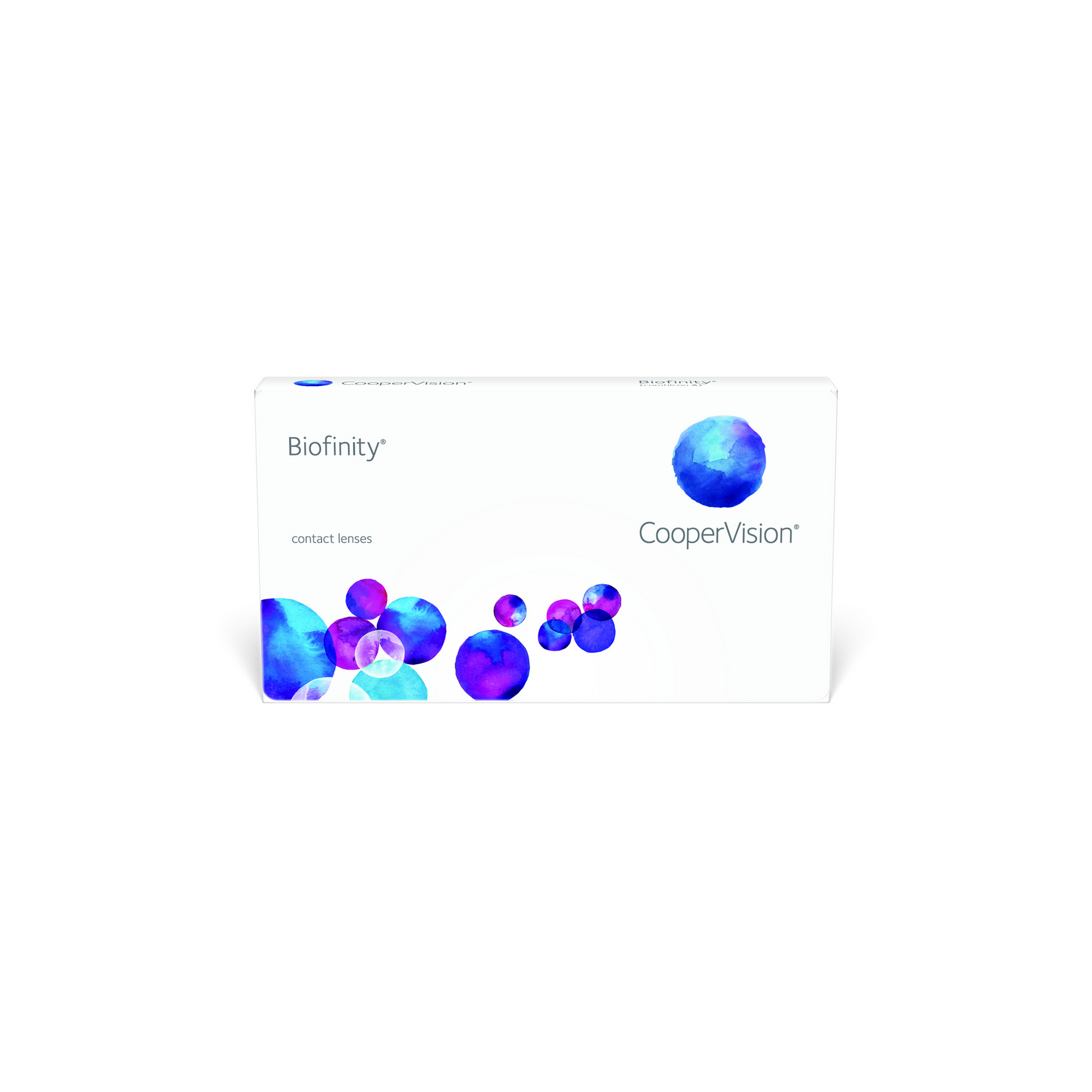 Caja de lentes de contacto Biofinity monofocal de CooperVision, reemplazo mensual
